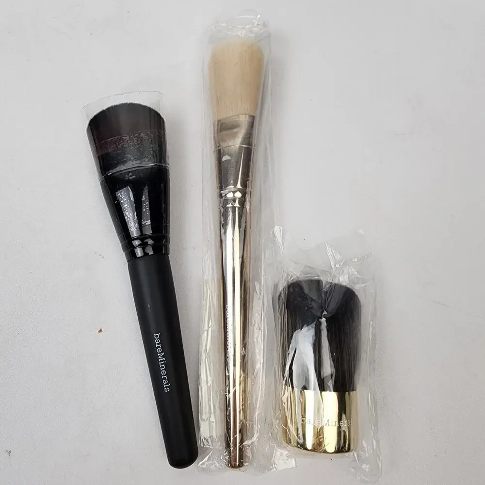 3 BareMinerals Makeup Brushes Kabuki Flat Tapered Powder & Luxe Professional New